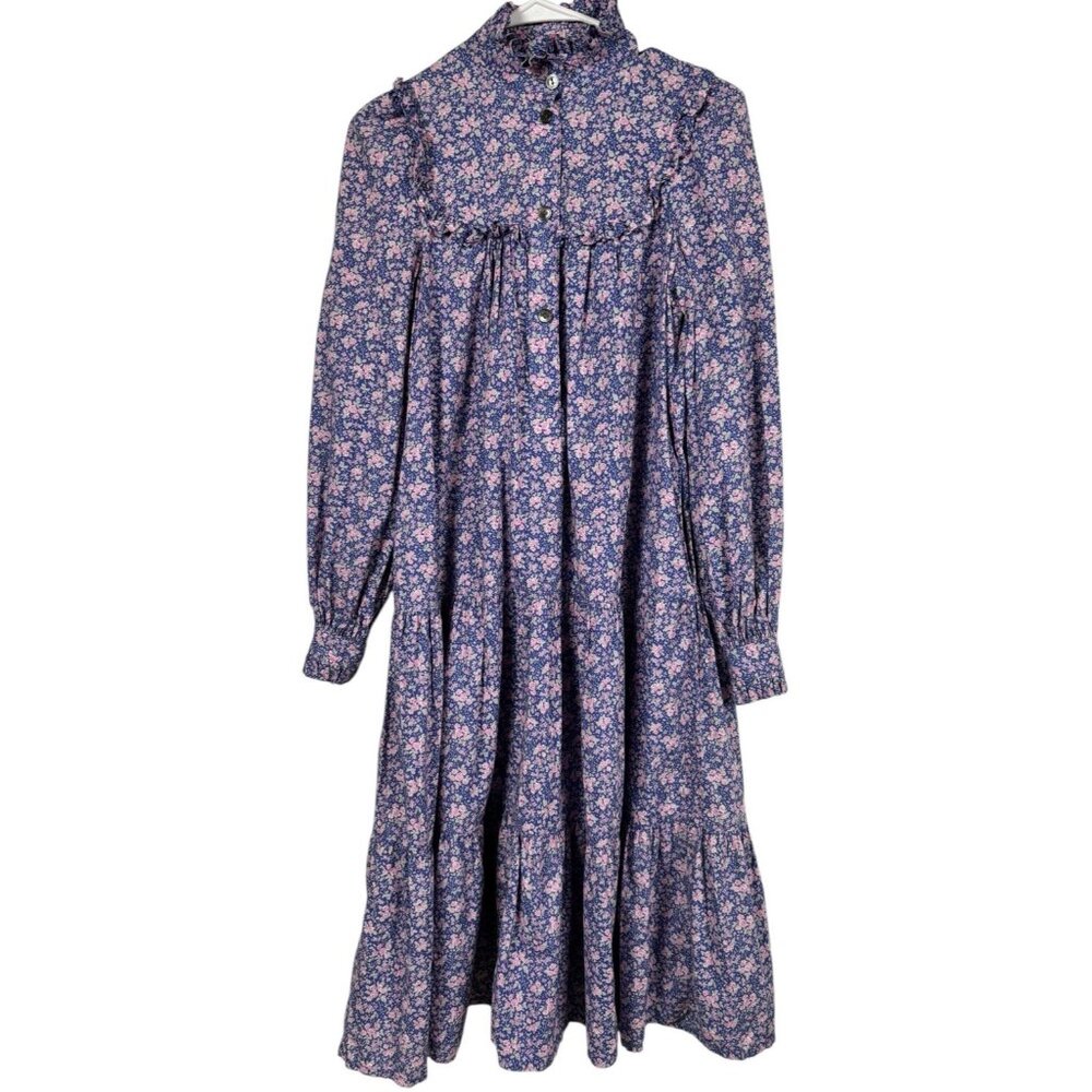Vtg Laura Ashley Prairie Dress Ditsy Floral High Collar L/S Cotton Ruffle US 8